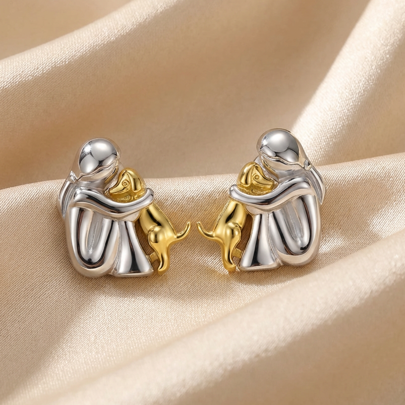 Dog Hug Stud Earrings Two Tone Gold Silver Pet Lover Gift