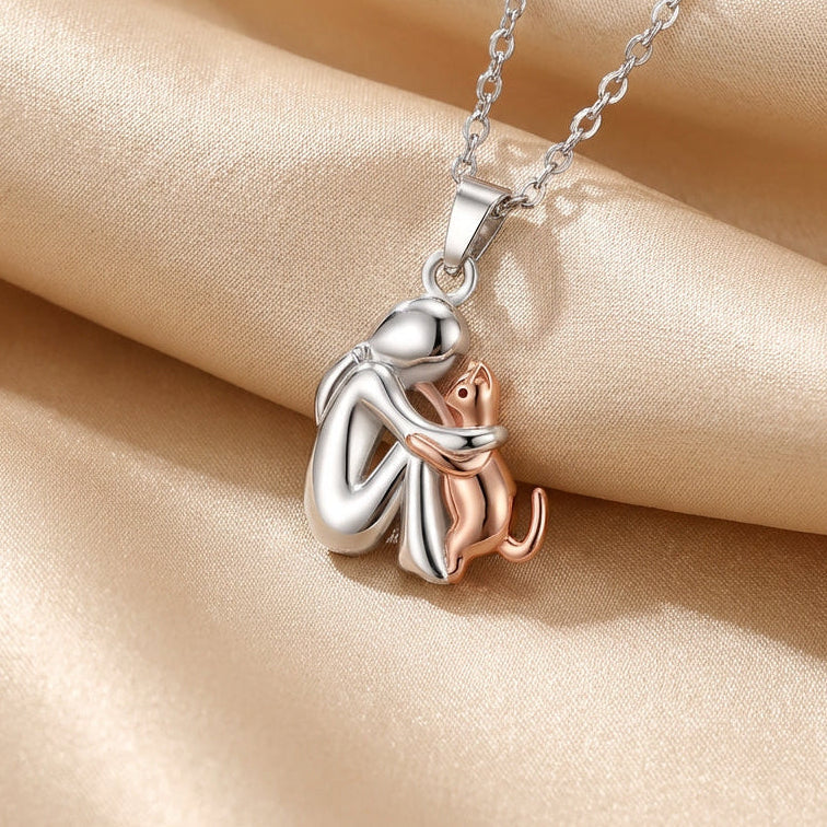 Cat Hug Pendant Necklace Gold Plated Memorial Jewelry