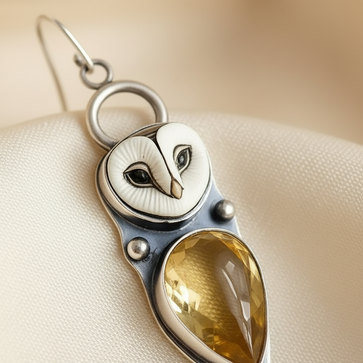Barn Owl Drop Earrings with Golden Stones - Nickel Free Silver