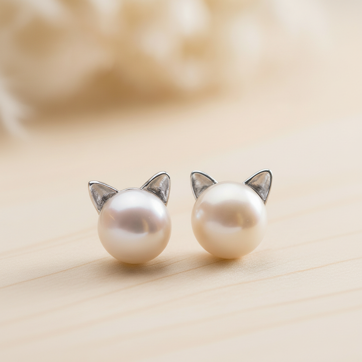 Pearl Cat Stud Earrings Sterling Silver - Elegant Animal Jewelry