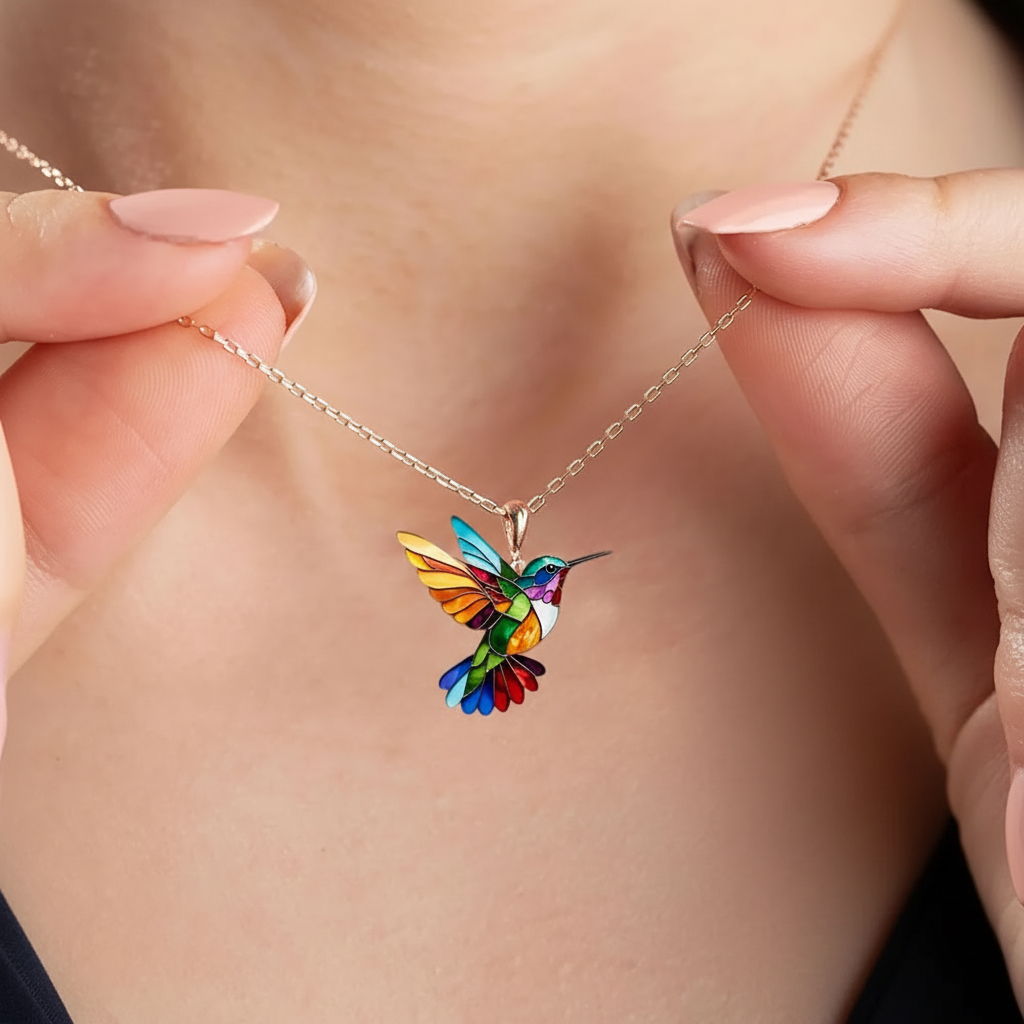 Hummingbird Pendant Necklace Rainbow Enamel Statement Jewelry