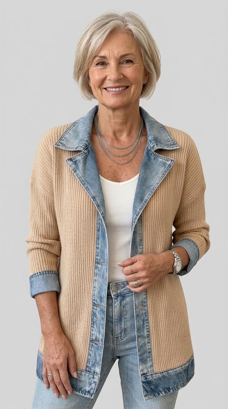 Mixed Fabric Jacket for Women - Relaxed Fit Layering Piece