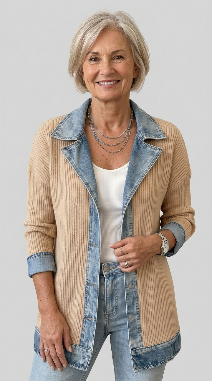 Mixed Fabric Jacket for Women - Relaxed Fit Layering Piece