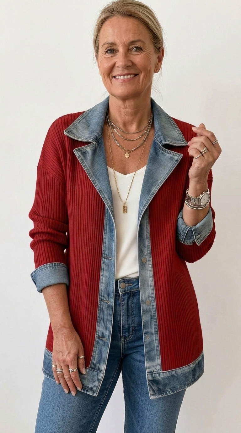 Mixed Fabric Jacket for Women - Relaxed Fit Layering Piece