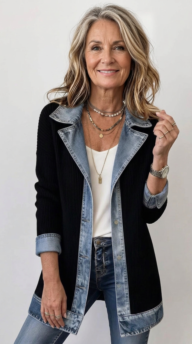 Mixed Fabric Jacket for Women - Relaxed Fit Layering Piece