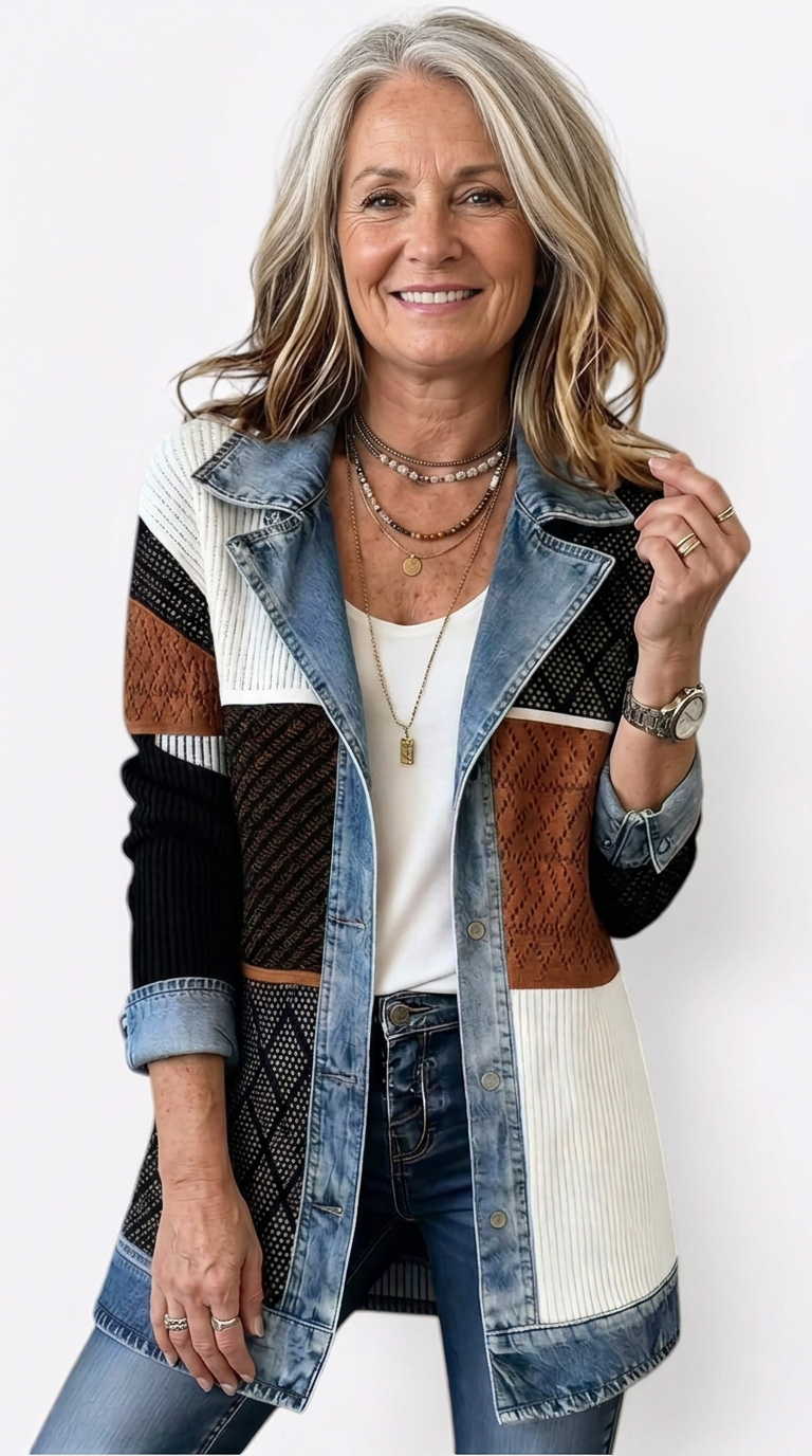 Mixed Fabric Jacket for Women - Relaxed Fit Layering Piece