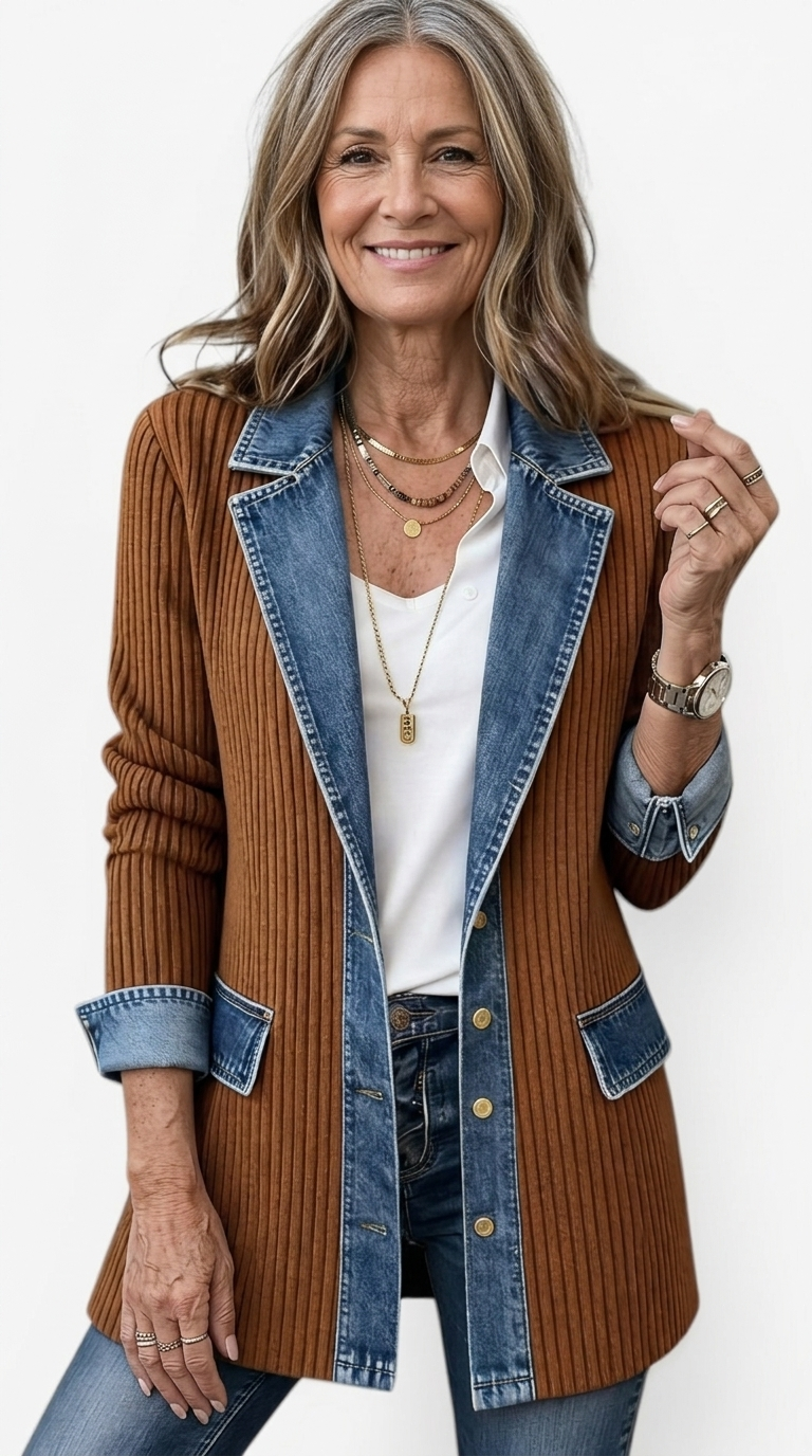 Mixed Fabric Jacket for Women - Relaxed Fit Layering Piece