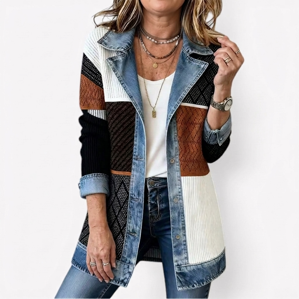 Mixed Fabric Jacket for Women - Relaxed Fit Layering Piece