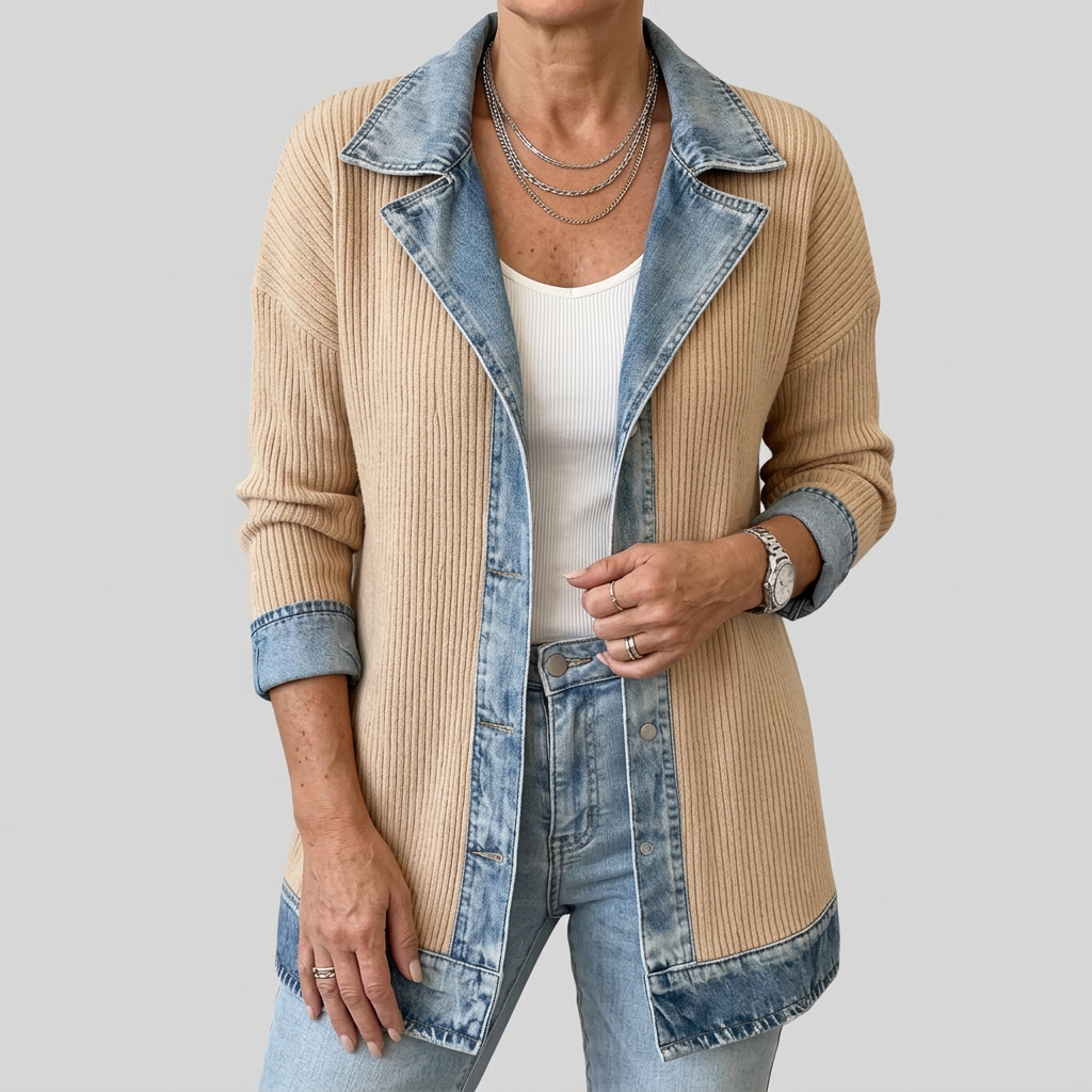 Mixed Fabric Jacket for Women - Relaxed Fit Layering Piece