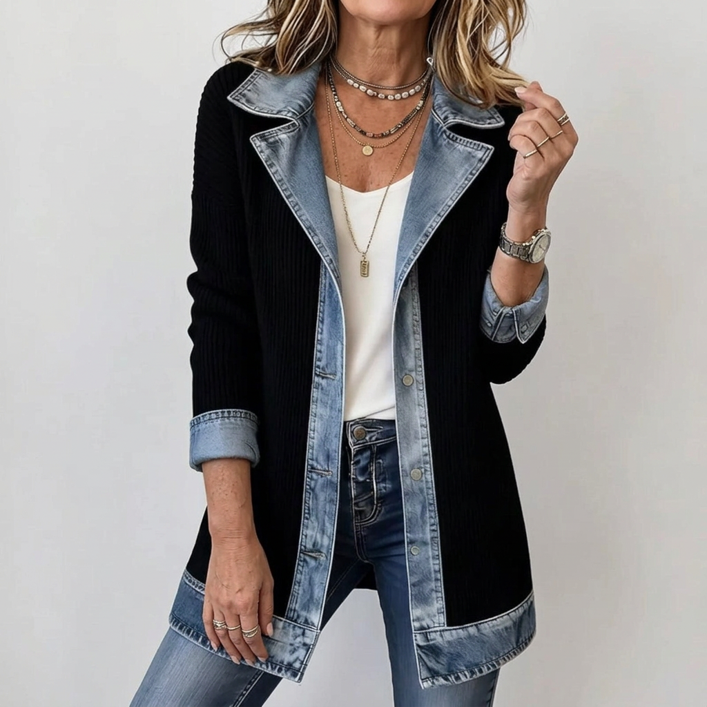 Mixed Fabric Jacket for Women - Relaxed Fit Layering Piece