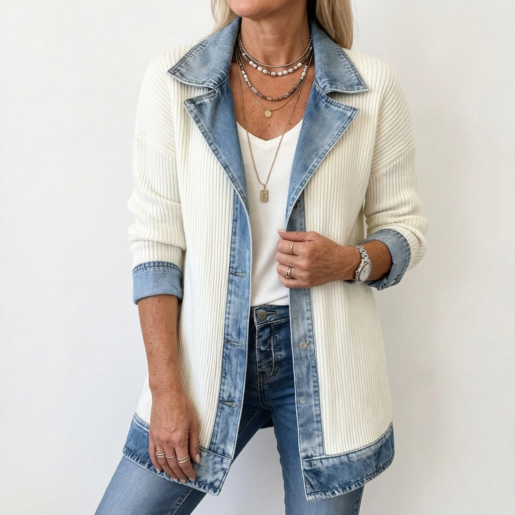Mixed Fabric Jacket for Women - Relaxed Fit Layering Piece
