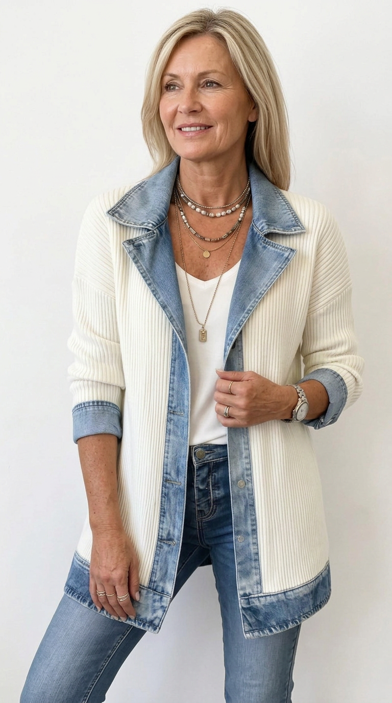 Mixed Fabric Jacket for Women - Relaxed Fit Layering Piece