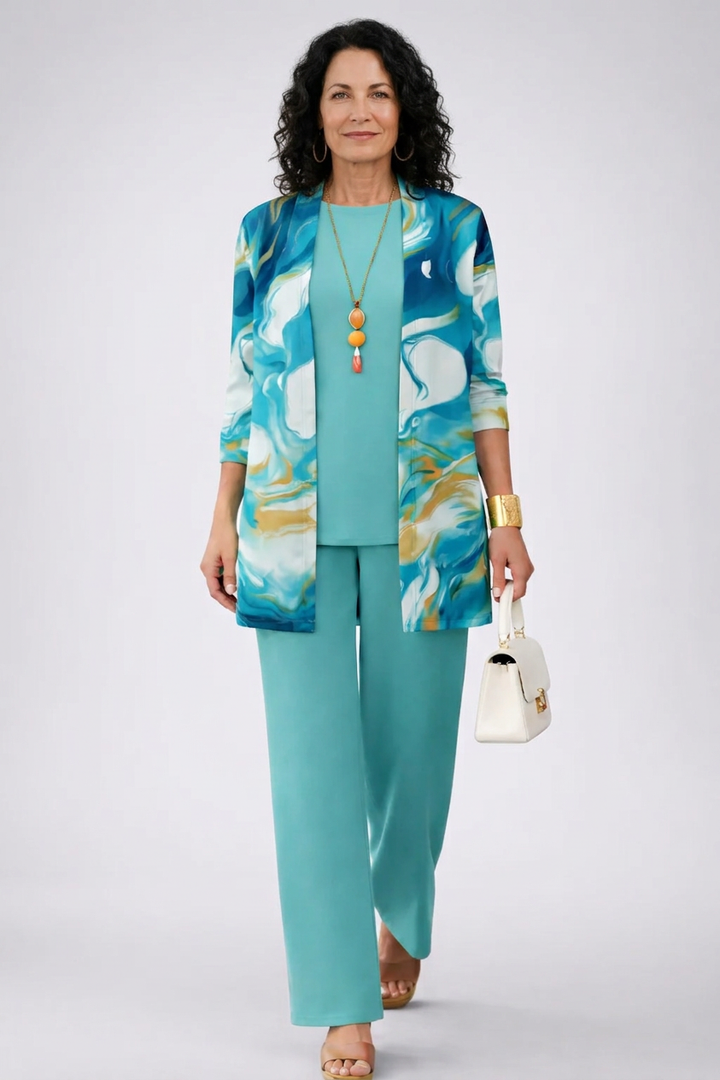 3-Piece Marble Print Set - Relaxed Wide Leg Pants & Jacket