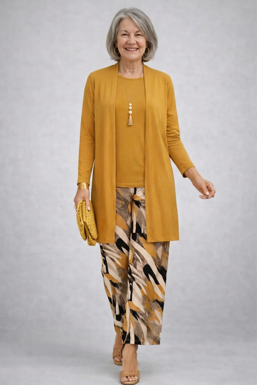 Three Piece Lounge Set for Women - Cardigan Top and Wide Leg Pants