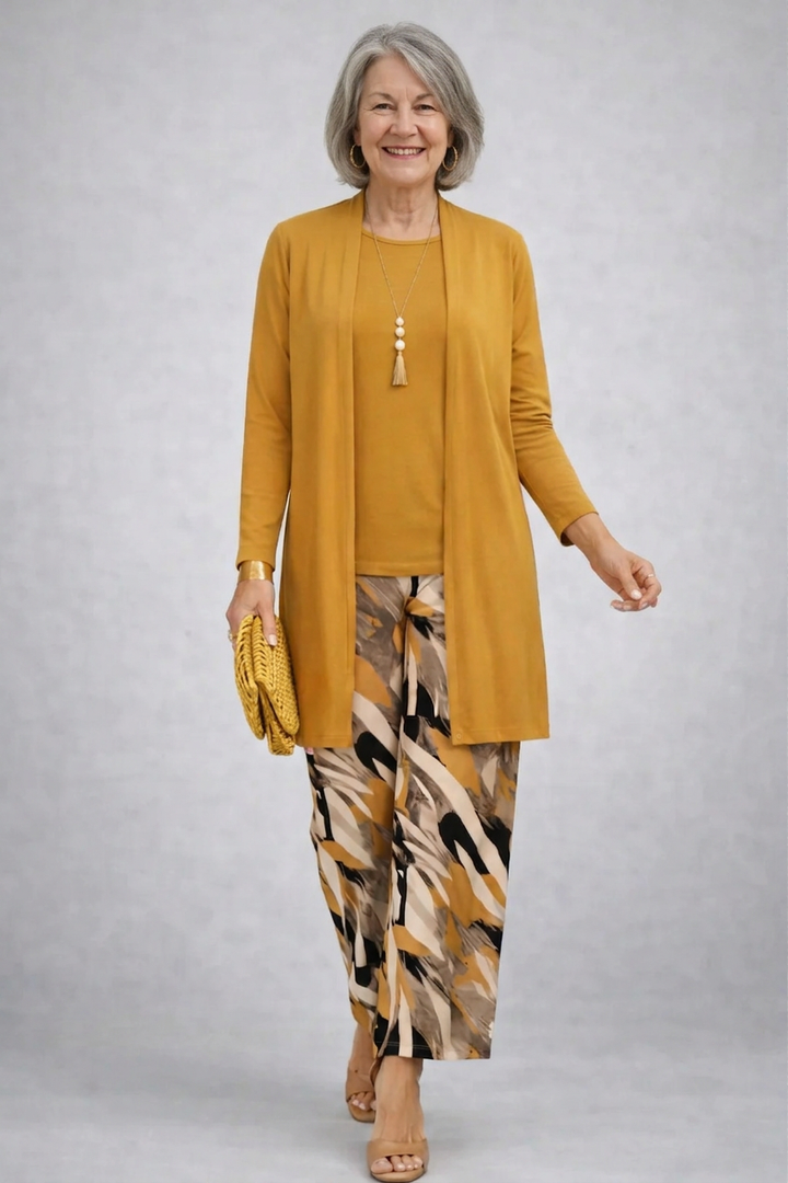 Three Piece Lounge Set for Women - Cardigan Top and Wide Leg Pants
