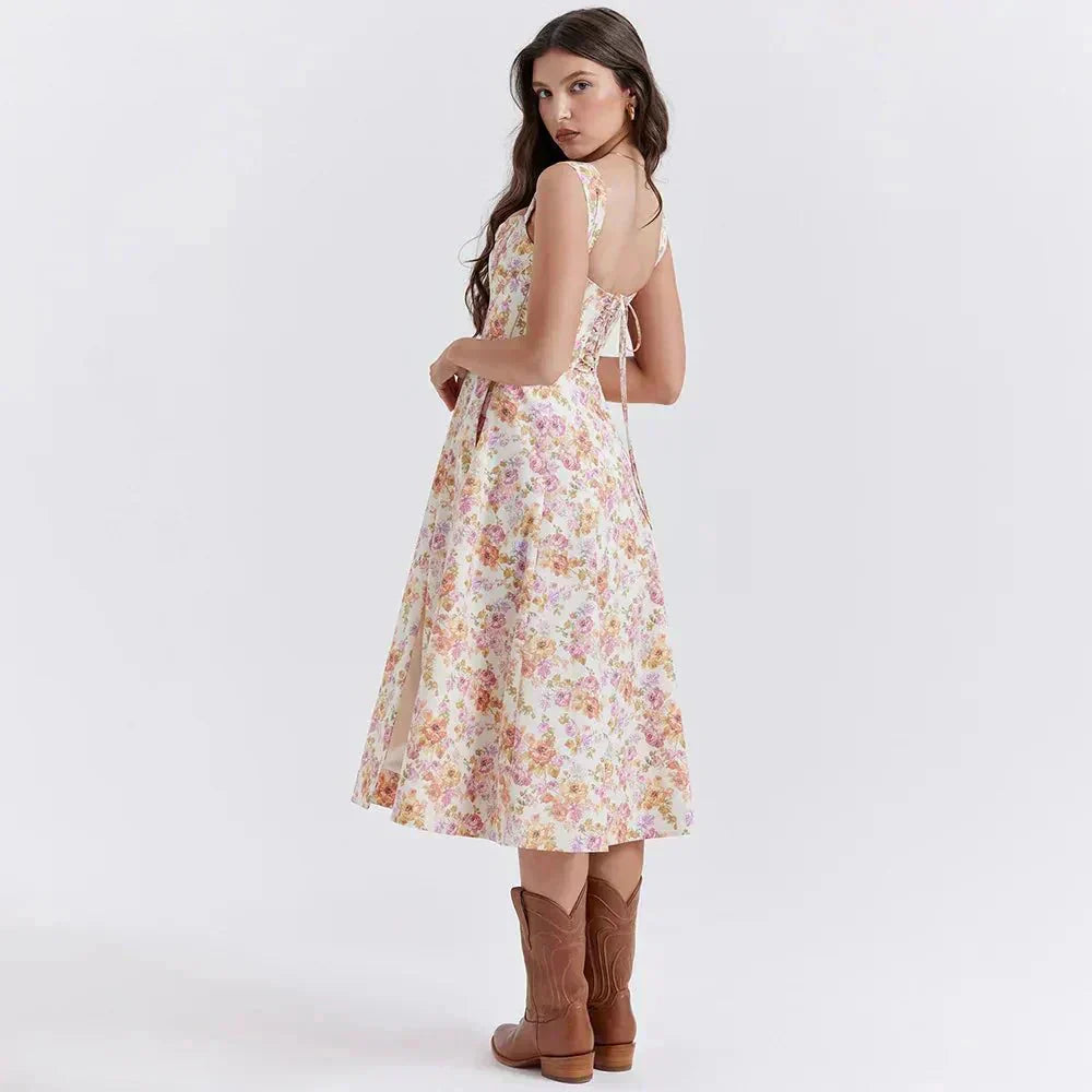 Floral Midi Dress with Corset Bodice - Feminine Fit and Flare
