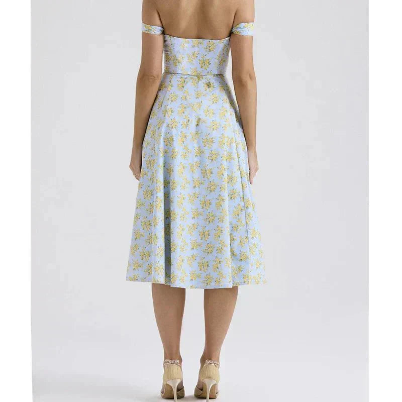 Floral Midi Dress with Corset Bodice - Feminine Fit and Flare