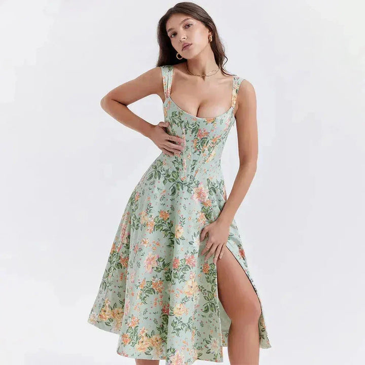 Floral Midi Dress with Corset Bodice - Feminine Fit and Flare