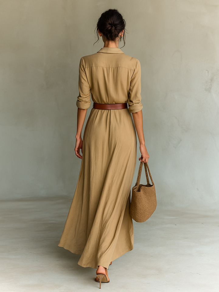 Belted Maxi Dress with Lapel Collar and Long Sleeves