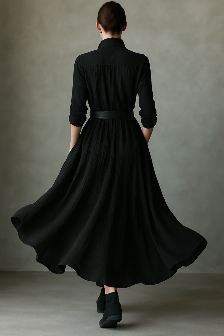 Black Maxi Dress Vintage Pleated Three Quarter Sleeve