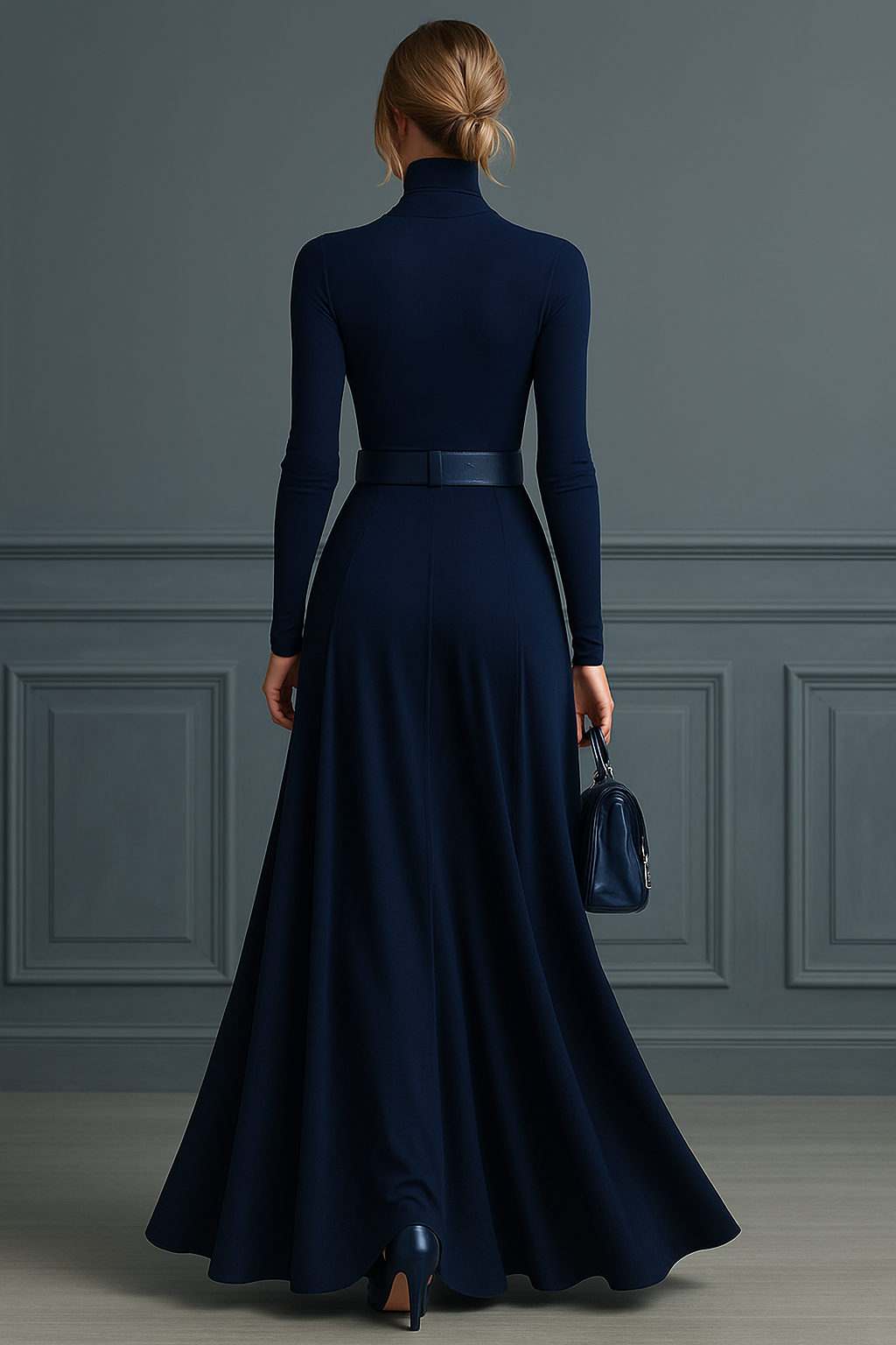Knitted Maxi Dress High Neck Long Sleeve Dark Blue