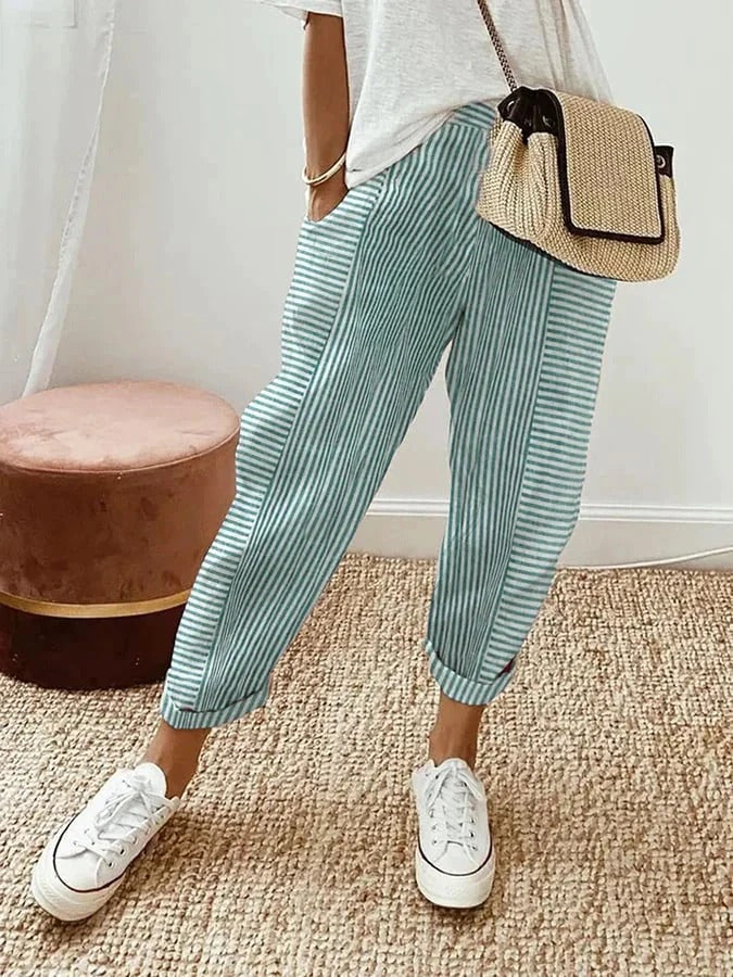 Striped Linen Pants - Comfortable Elastic Waist Palazzo Pants