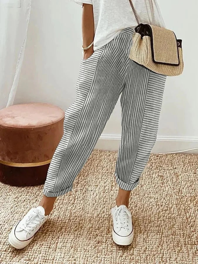 Striped Linen Pants - Comfortable Elastic Waist Palazzo Pants