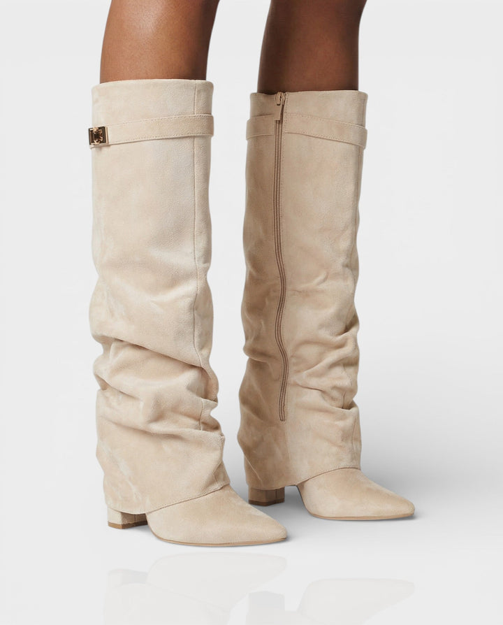 Suede Knee High Boots Women Slouchy Pointed Toe Block Heel