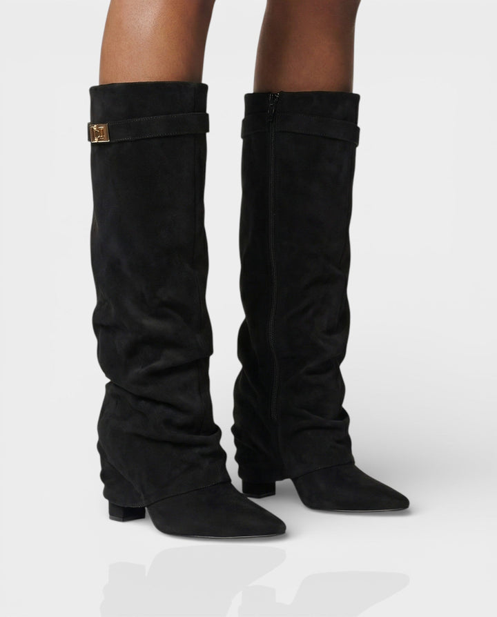 Suede Knee High Boots Women Slouchy Pointed Toe Block Heel