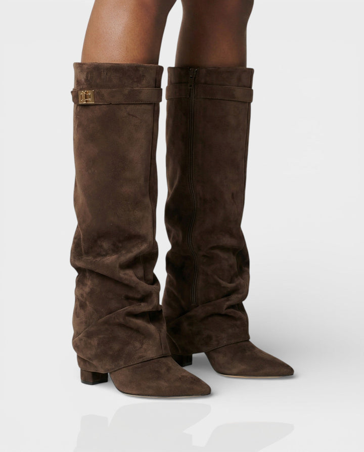 Suede Knee High Boots Women Slouchy Pointed Toe Block Heel