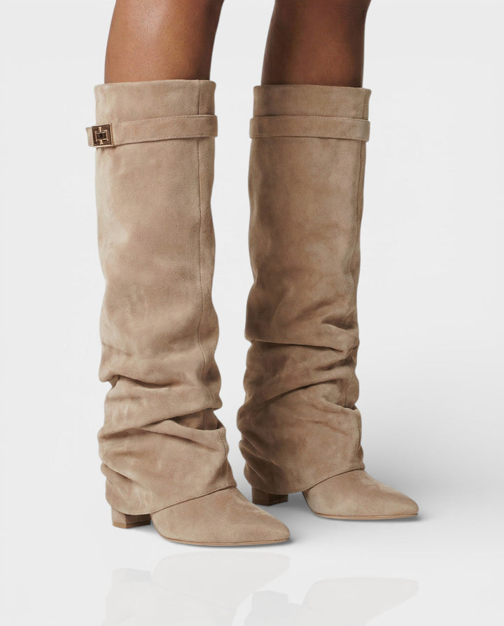 Suede Knee High Boots Women Slouchy Pointed Toe Block Heel