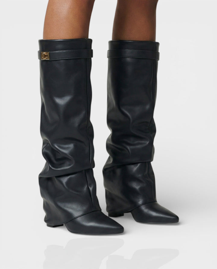 Suede Knee High Boots Women Slouchy Pointed Toe Block Heel