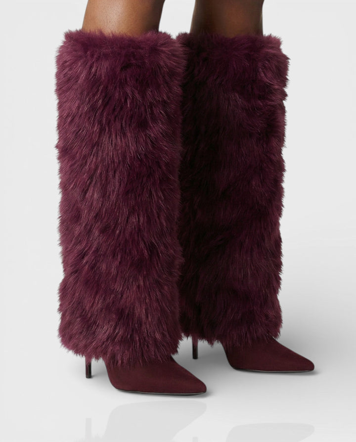 Faux Fur Knee High Boots for Women Pointed Toe Stiletto Heel