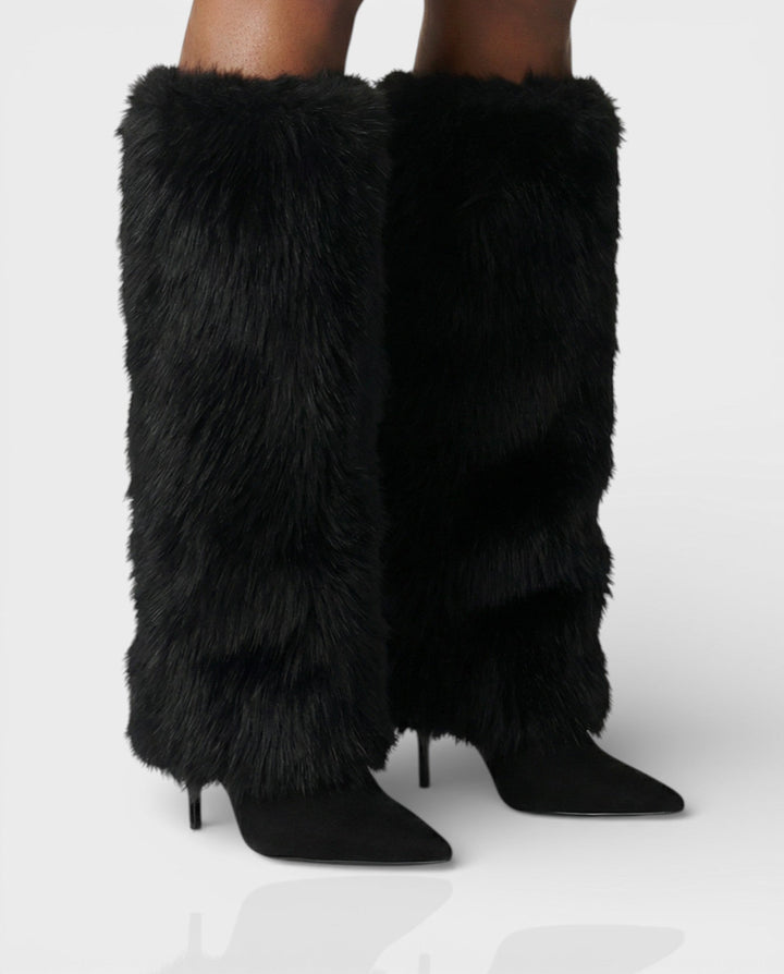 Faux Fur Knee High Boots for Women Pointed Toe Stiletto Heel