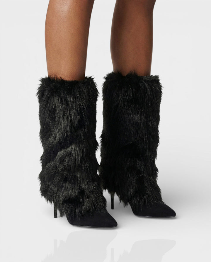 Black Faux Fur Knee High Boots with Stiletto Heel Pointed Toe