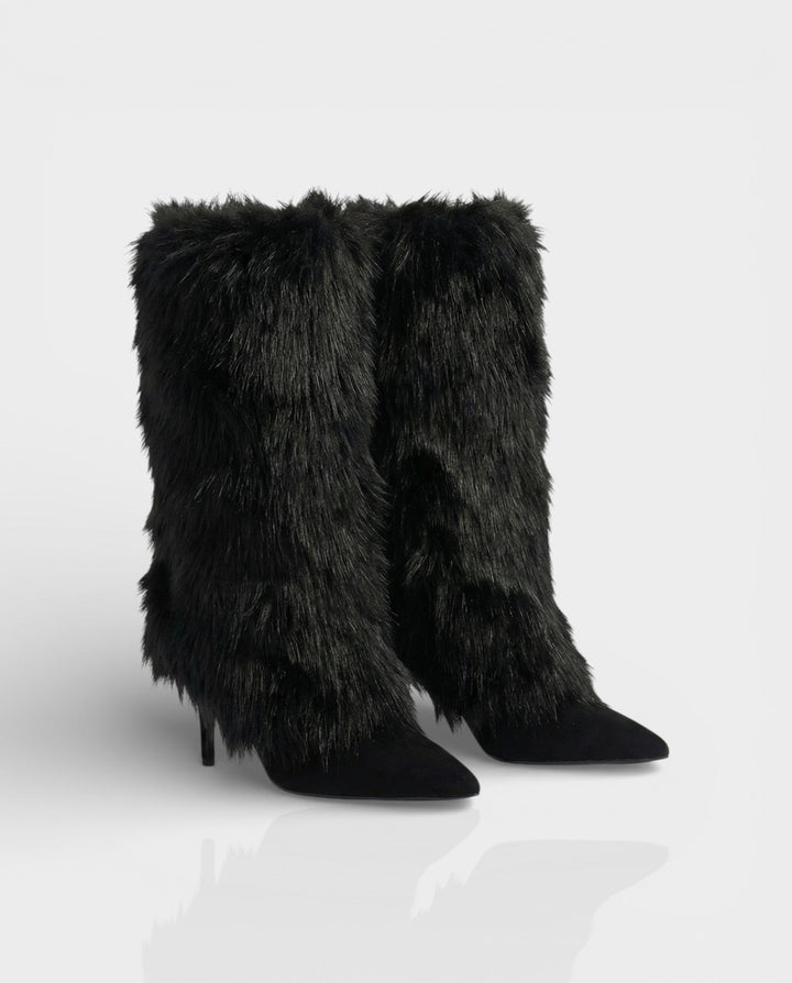 Black Faux Fur Knee High Boots with Stiletto Heel Pointed Toe