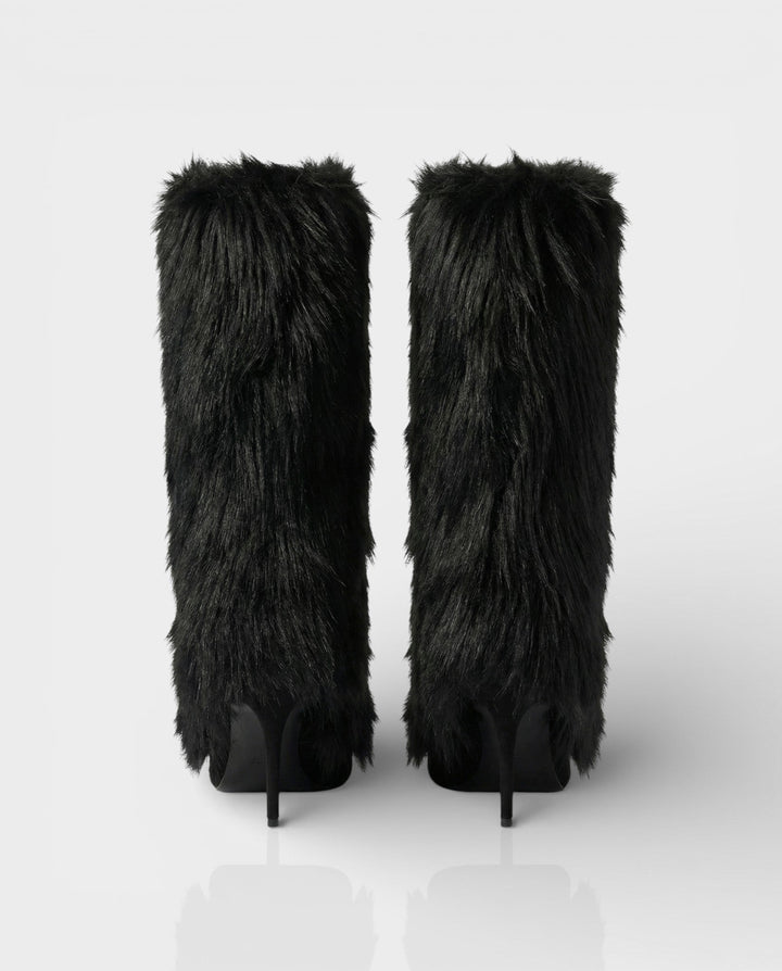 Black Faux Fur Knee High Boots with Stiletto Heel Pointed Toe