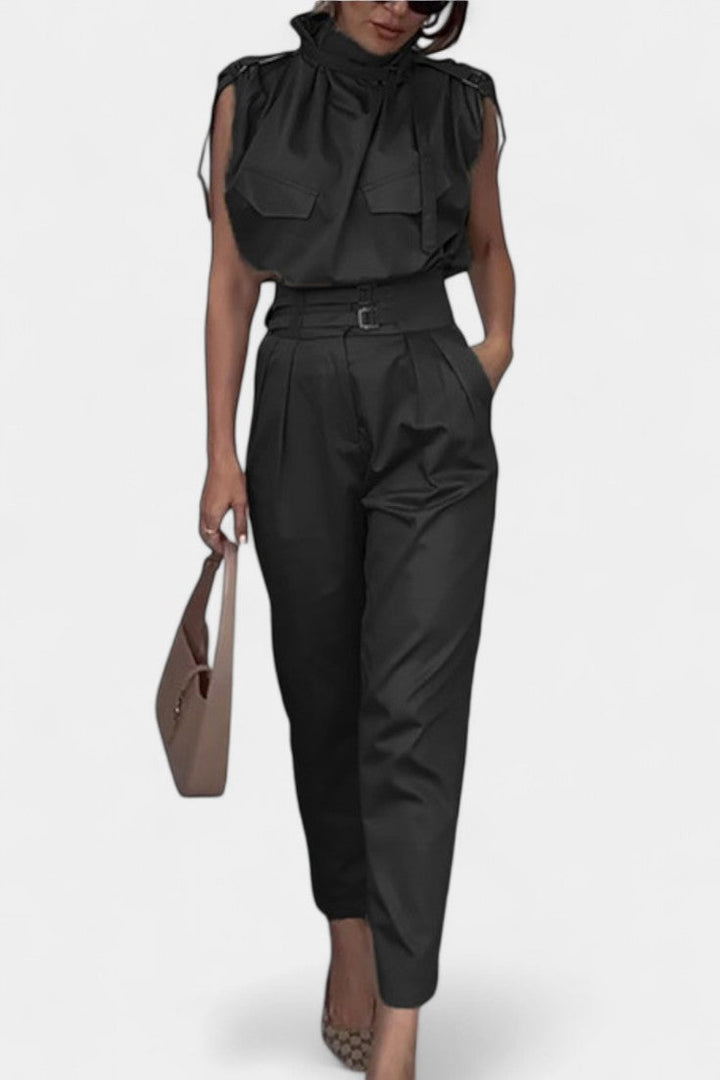 Belted Jumpsuit with Ruffled Collar and Straight Leg