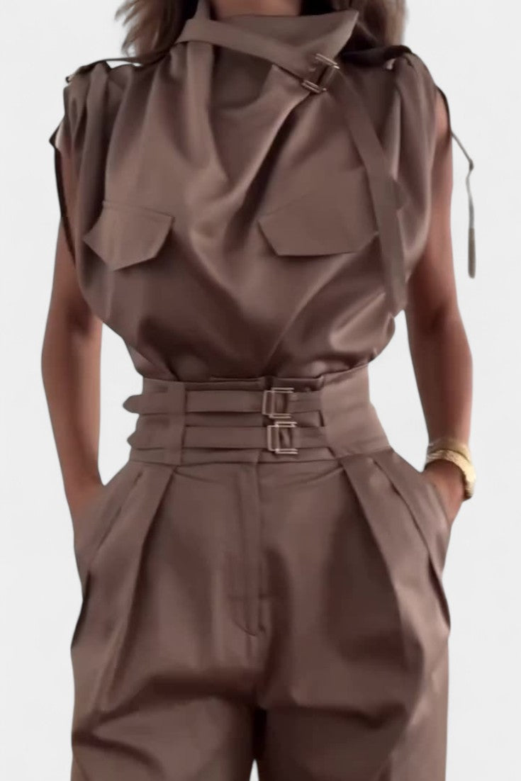 Belted Jumpsuit with Ruffled Collar and Straight Leg