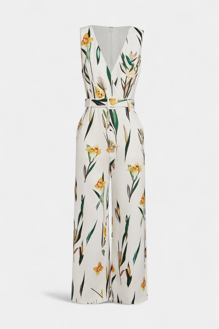 White V-Neck Jumpsuit with Belt - Elegant Summer Outfit