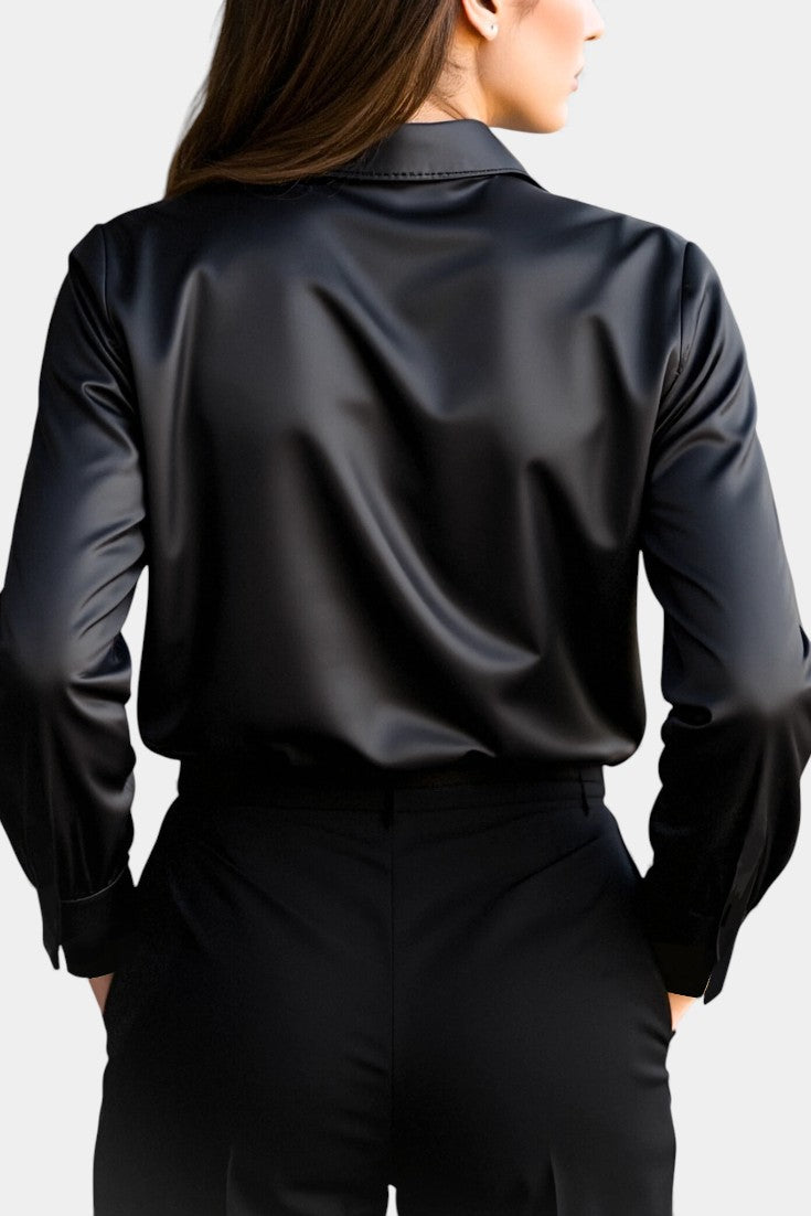 Satin Blouse Long Sleeve Black Elegant Work Shirt for Women
