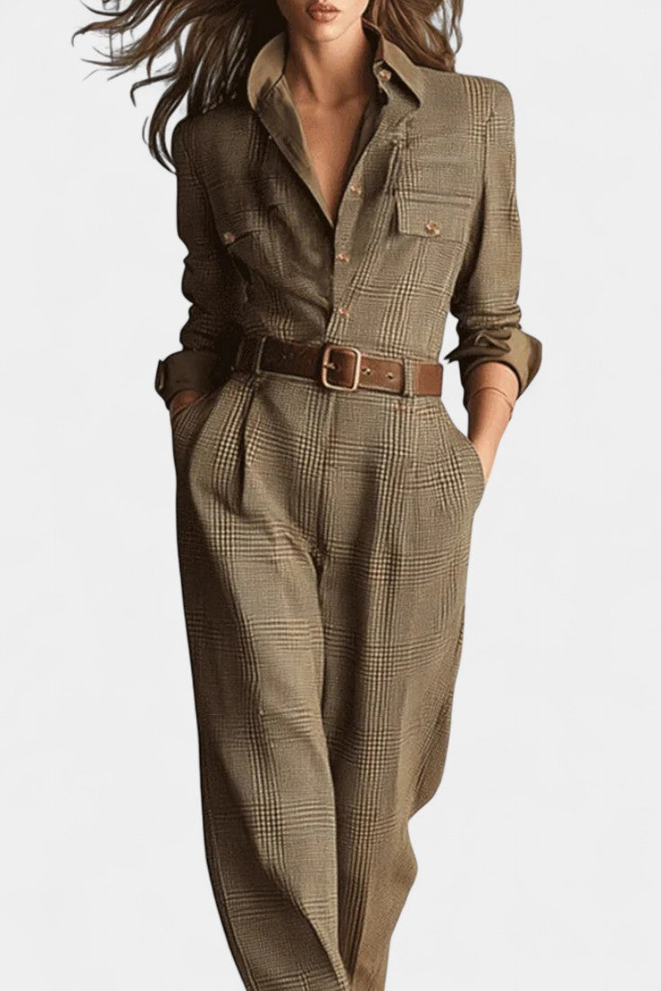 Brown Checkered Tweed Jumpsuit With Belt - Elegant Wide Leg