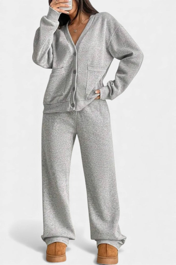 Cardigan Jacket and Wide Leg Pants Set - Two Piece Loungewear Outfit