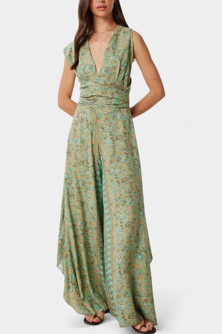 Floral Wrap Jumpsuit Wide Leg with Open Back for Women