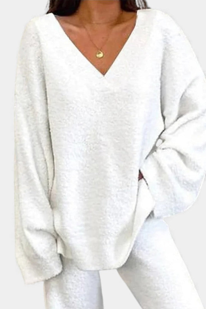 Two Piece Lounge Set for Women - Cozy V-Neck Outfit