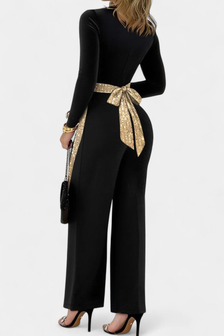 Sequin Jumpsuit Wide Leg with Bow Detail - Evening Formal Wear