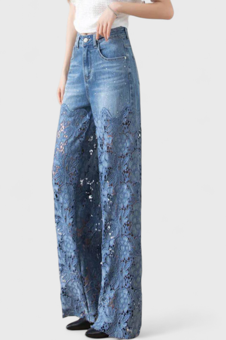 Palazzo Denim Pants with Lace Detail High Waisted Wide Leg