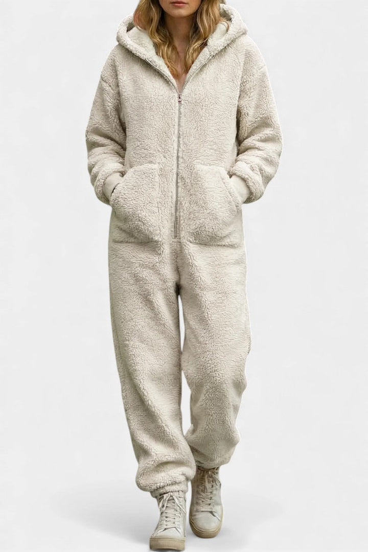 Hooded Plush Jumpsuit with Zip Front for Women
