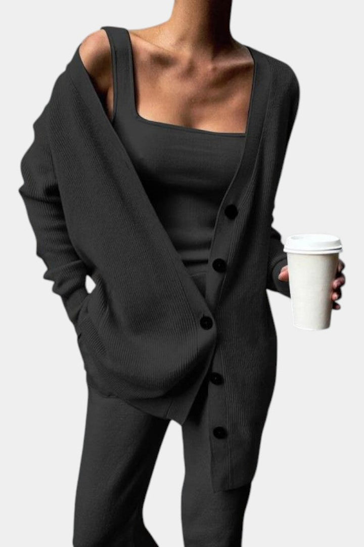 Cozy Knit Three Piece Set - Cardigan Top and Pants Lounge Set