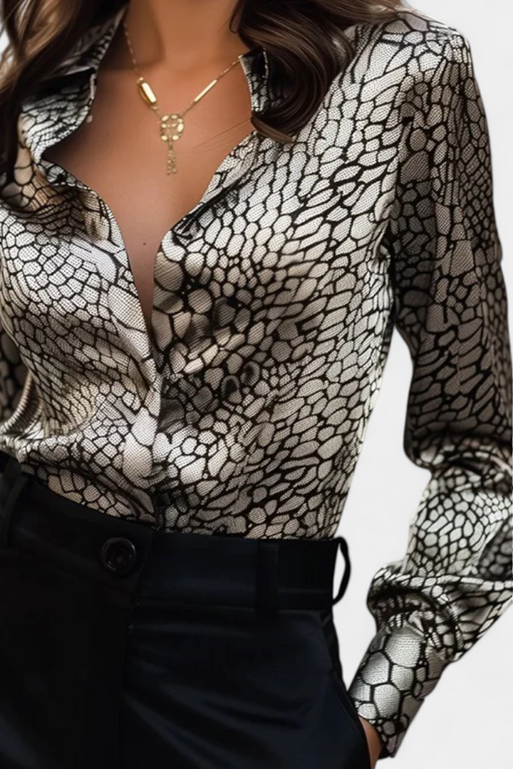 Oversized Snake Print Blouse with Button Front for Women